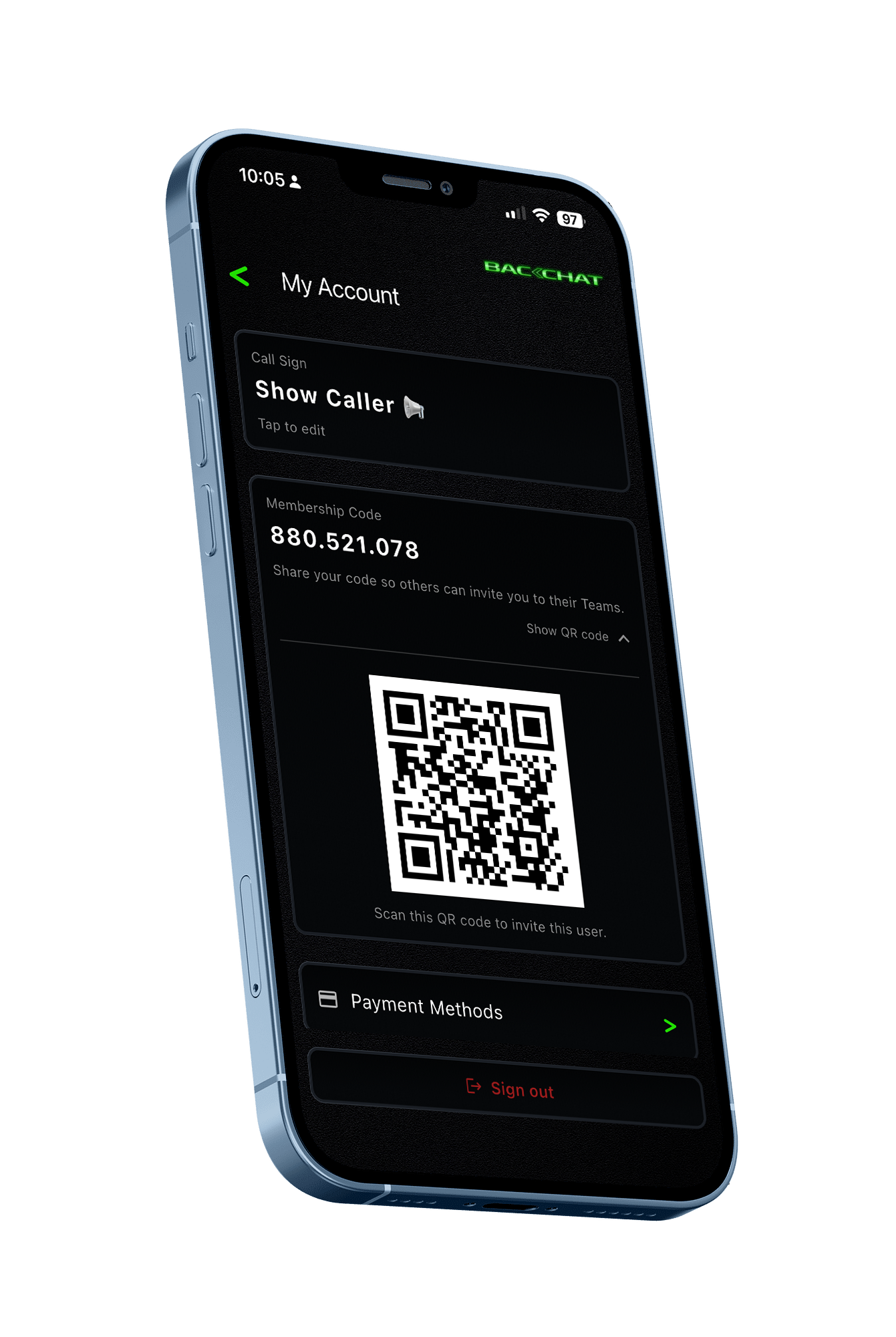 BackChat Invite by QR code screen