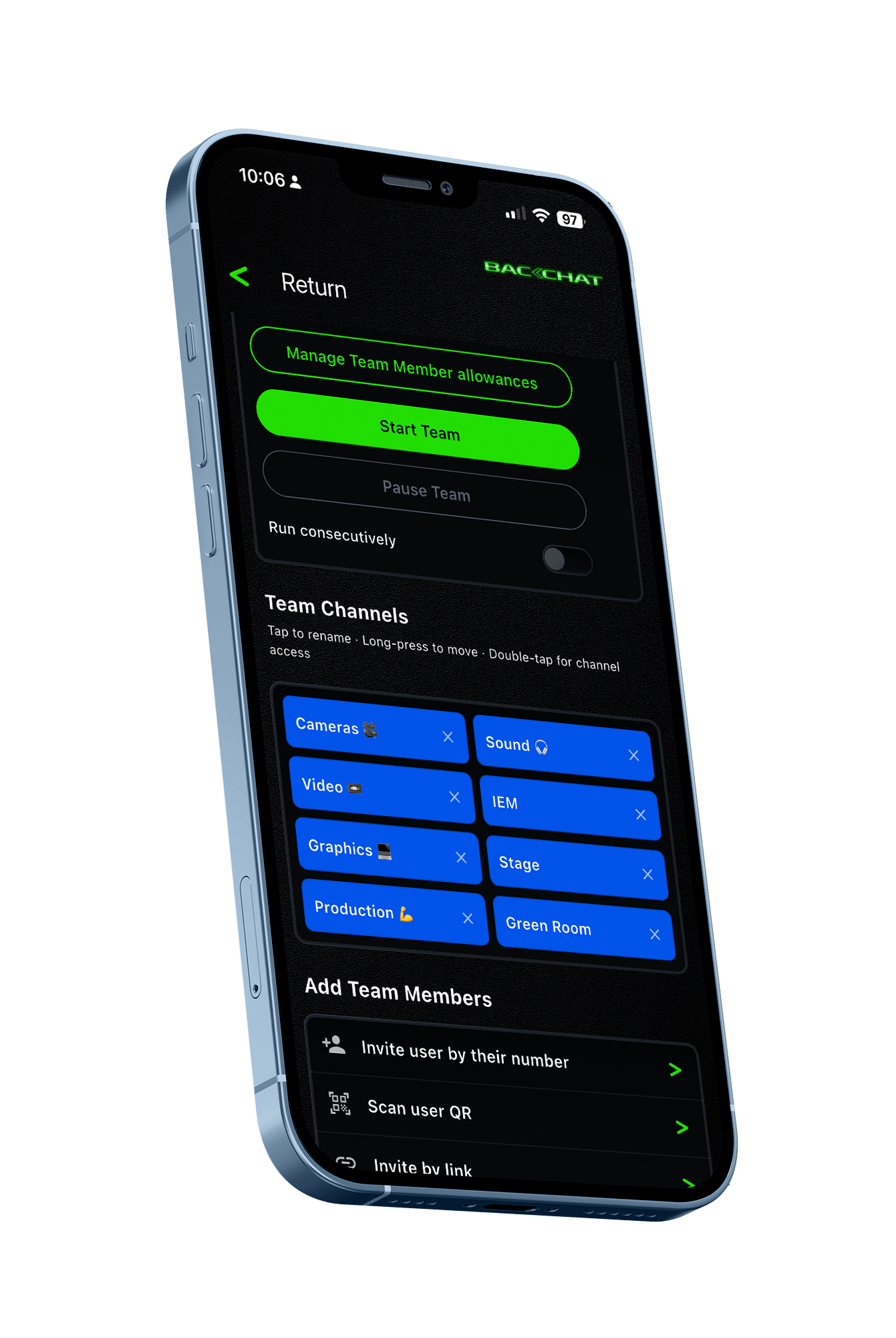 BackChat Team Setup screen